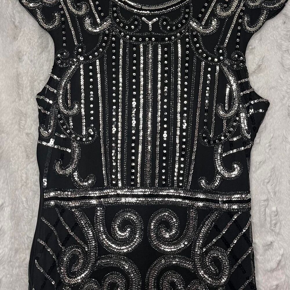 Black & silver beaded midi dress with fringe hem SIZE M - Picture 3 of 8